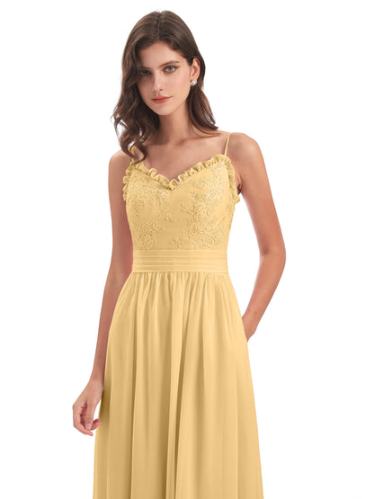 Madison A-line Spaghetti Straps Lace Long Bridesmaid Dresses