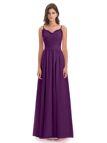 Madison A-line Spaghetti Straps Lace Long Bridesmaid Dresses