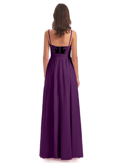 Madison A-line Spaghetti Straps Lace Long Bridesmaid Dresses