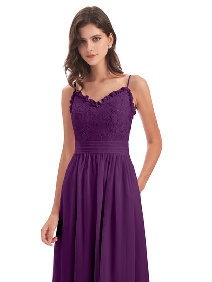 Madison A-line Spaghetti Straps Lace Long Bridesmaid Dresses