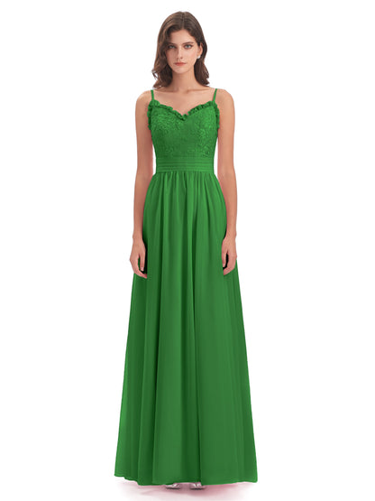 Madison A-line Spaghetti Straps Lace Long Bridesmaid Dresses
