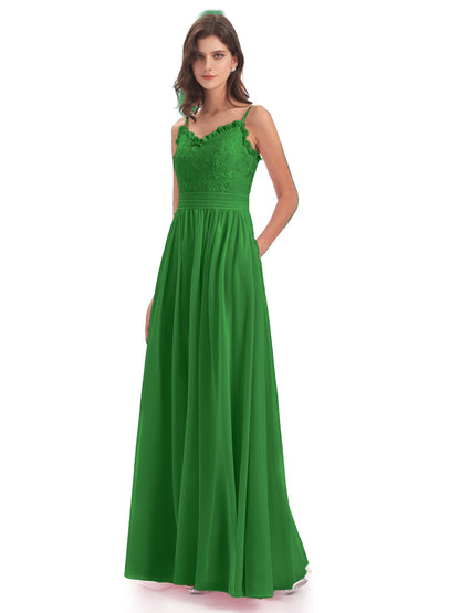 Madison A-line Spaghetti Straps Lace Long Bridesmaid Dresses