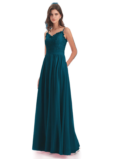 Madison A-line Spaghetti Straps Lace Long Bridesmaid Dresses