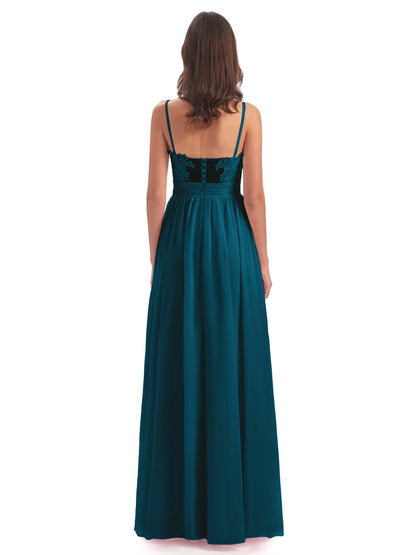 Madison A-line Spaghetti Straps Lace Long Bridesmaid Dresses