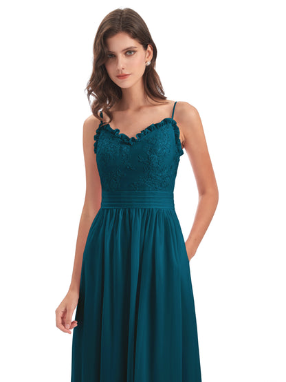 Madison A-line Spaghetti Straps Lace Long Bridesmaid Dresses