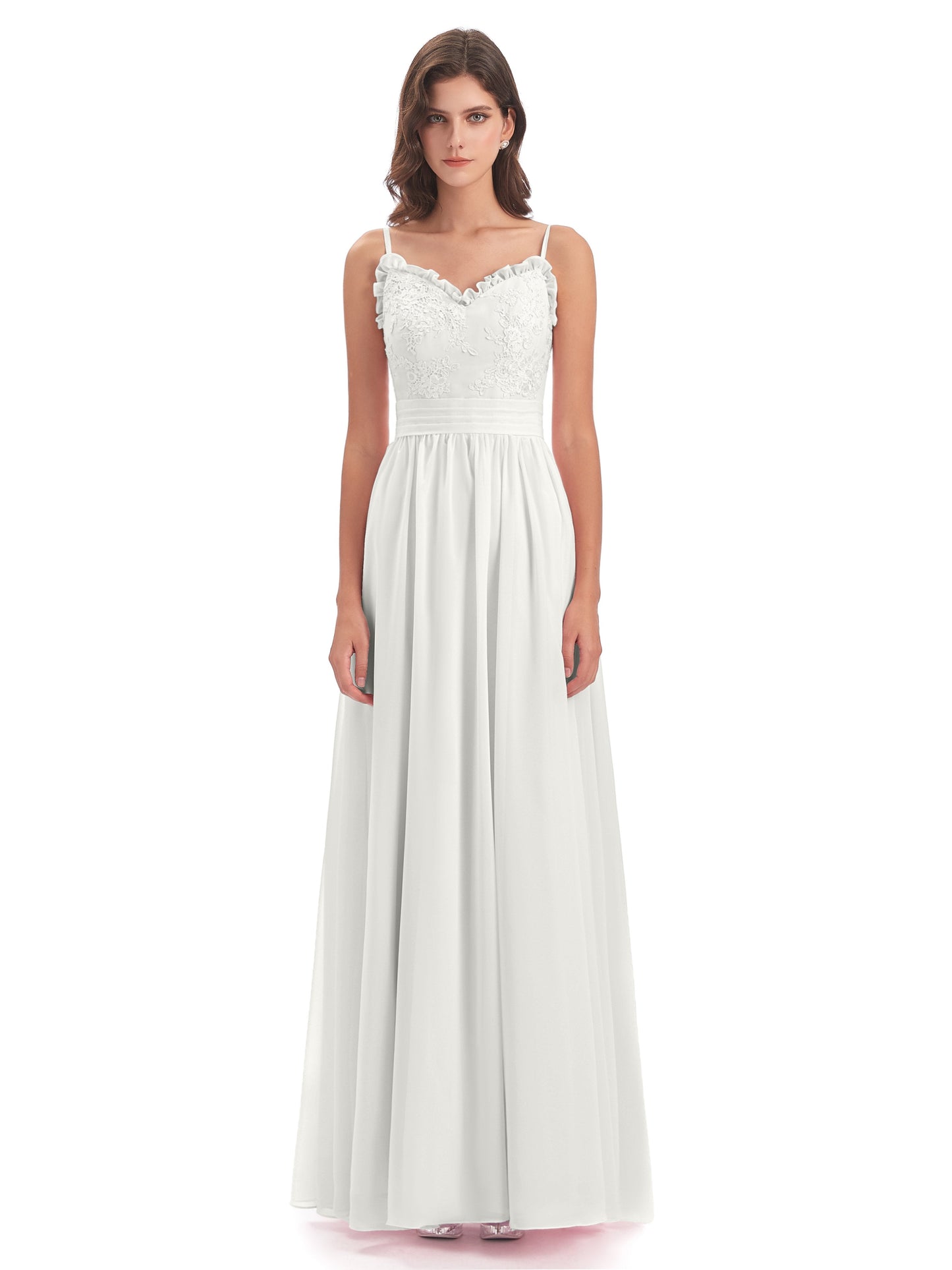 Madison A-line Spaghetti Straps Lace Long Bridesmaid Dresses