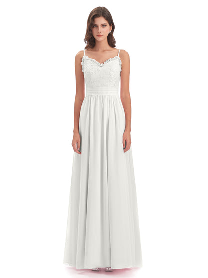 Madison A-line Spaghetti Straps Lace Long Bridesmaid Dresses