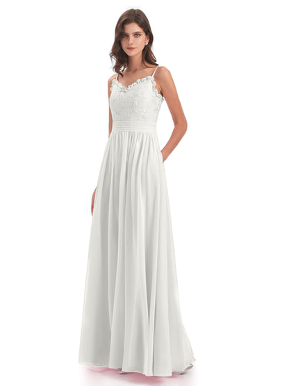 Madison A-line Spaghetti Straps Lace Long Bridesmaid Dresses