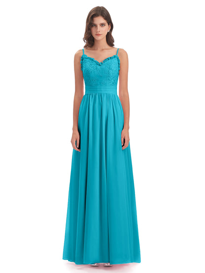 Madison A-line Spaghetti Straps Lace Long Bridesmaid Dresses