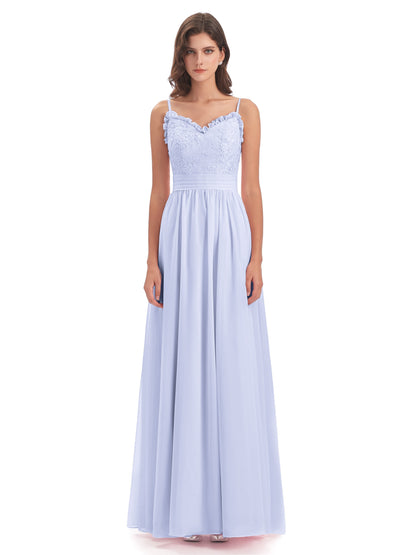 Madison A-line Spaghetti Straps Lace Long Bridesmaid Dresses