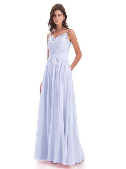 Madison A-line Spaghetti Straps Lace Long Bridesmaid Dresses
