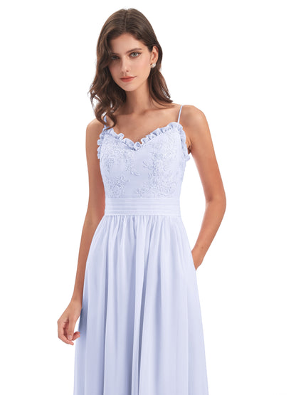 Madison A-line Spaghetti Straps Lace Long Bridesmaid Dresses