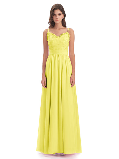 Madison A-line Spaghetti Straps Lace Long Bridesmaid Dresses