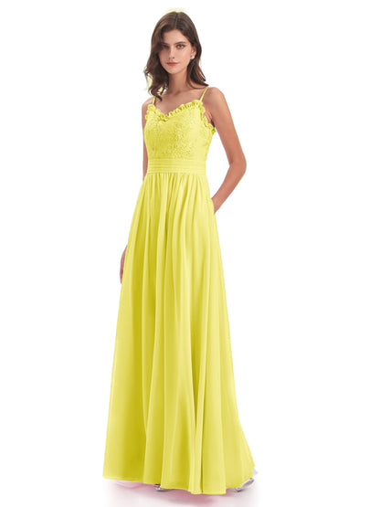 Madison A-line Spaghetti Straps Lace Long Bridesmaid Dresses