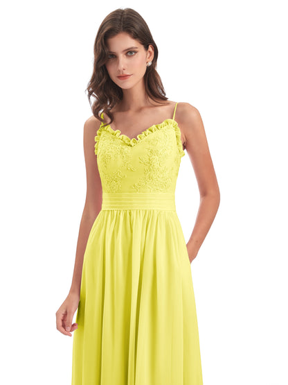 Madison A-line Spaghetti Straps Lace Long Bridesmaid Dresses