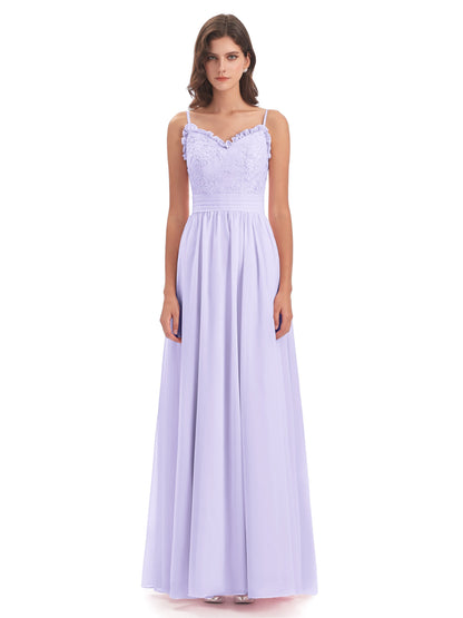 Madison A-line Spaghetti Straps Lace Long Bridesmaid Dresses