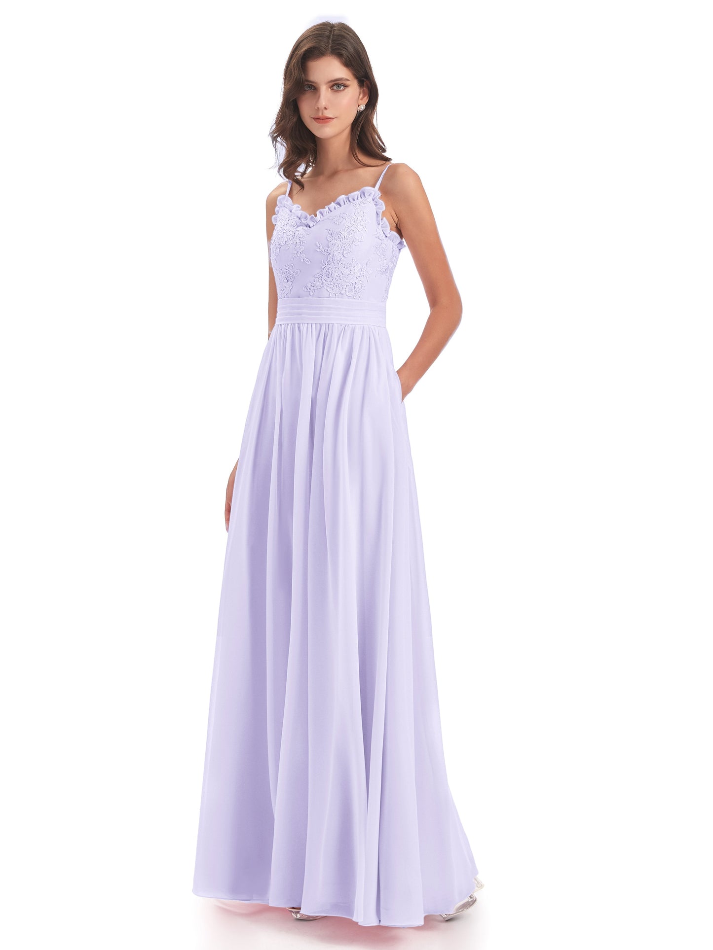 Madison A-line Spaghetti Straps Lace Long Bridesmaid Dresses