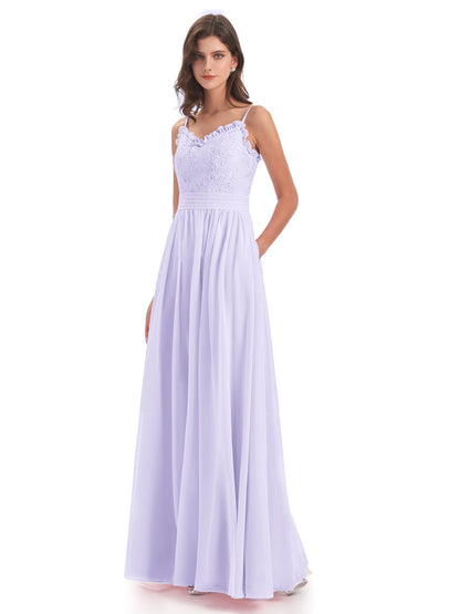 Madison A-line Spaghetti Straps Lace Long Bridesmaid Dresses