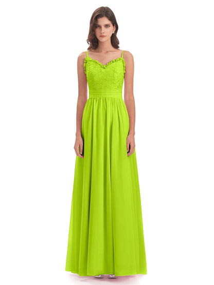 Madison A-line Spaghetti Straps Lace Long Bridesmaid Dresses