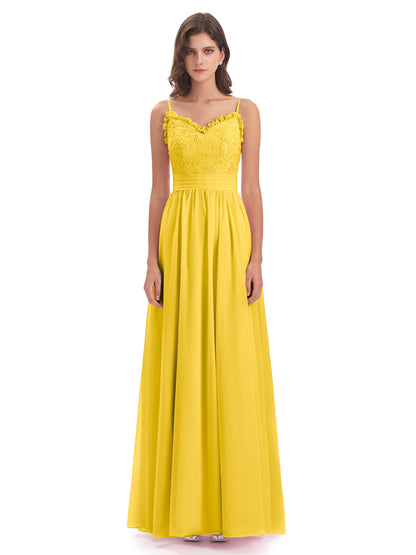 Madison A-line Spaghetti Straps Lace Long Bridesmaid Dresses
