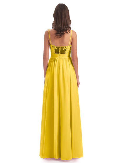 Madison A-line Spaghetti Straps Lace Long Bridesmaid Dresses