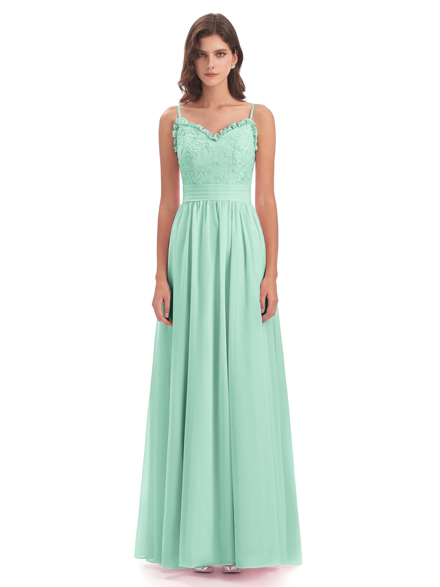 Madison A-line Spaghetti Straps Lace Long Bridesmaid Dresses