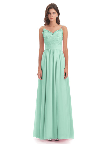 Madison A-line Spaghetti Straps Lace Long Bridesmaid Dresses