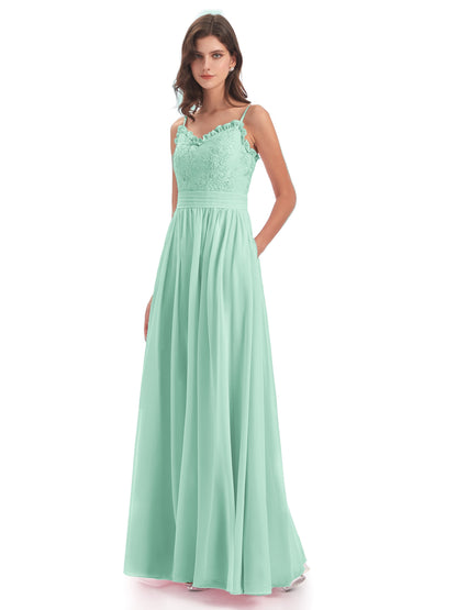 Madison A-line Spaghetti Straps Lace Long Bridesmaid Dresses