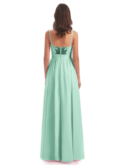 Madison A-line Spaghetti Straps Lace Long Bridesmaid Dresses