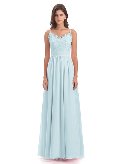 Madison A-line Spaghetti Straps Lace Long Bridesmaid Dresses