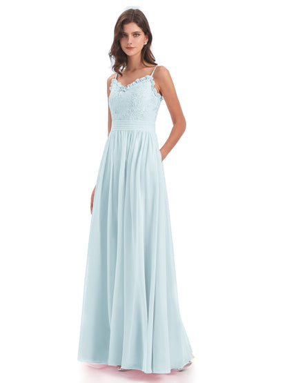 Madison A-line Spaghetti Straps Lace Long Bridesmaid Dresses