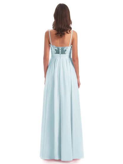Madison A-line Spaghetti Straps Lace Long Bridesmaid Dresses