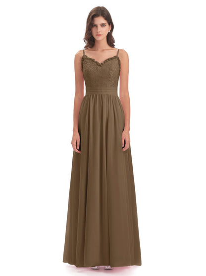Madison A-line Spaghetti Straps Lace Long Bridesmaid Dresses