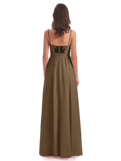 Madison A-line Spaghetti Straps Lace Long Bridesmaid Dresses