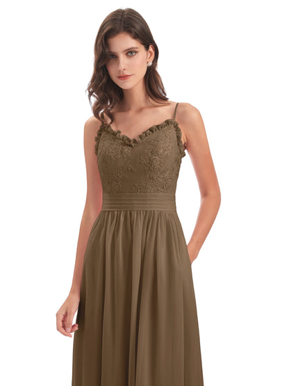 Madison A-line Spaghetti Straps Lace Long Bridesmaid Dresses