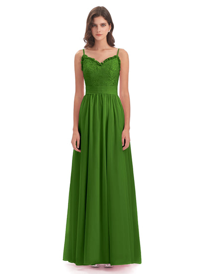 Madison A-line Spaghetti Straps Lace Long Bridesmaid Dresses