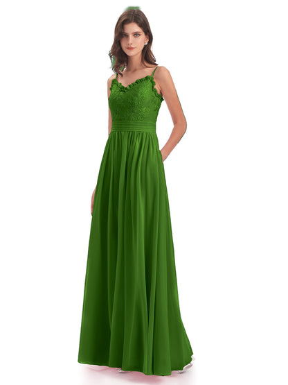 Madison A-line Spaghetti Straps Lace Long Bridesmaid Dresses