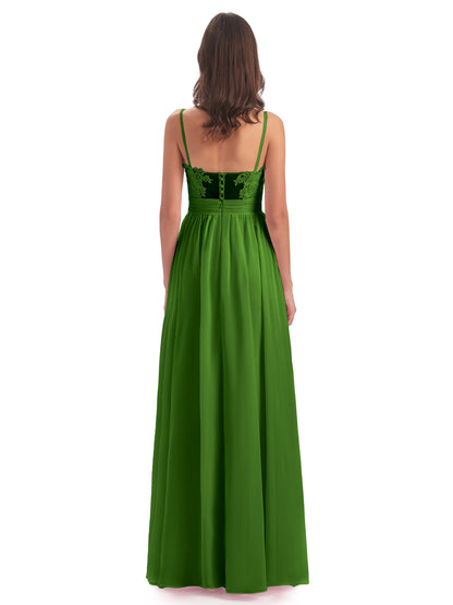 Madison A-line Spaghetti Straps Lace Long Bridesmaid Dresses