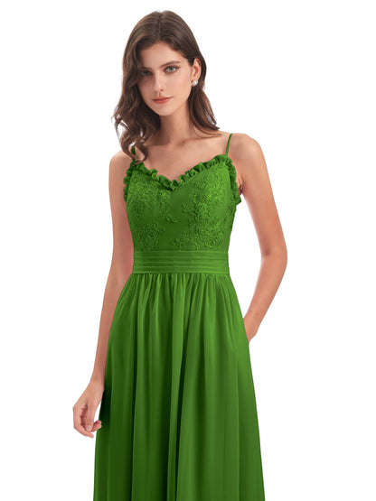 Madison A-line Spaghetti Straps Lace Long Bridesmaid Dresses