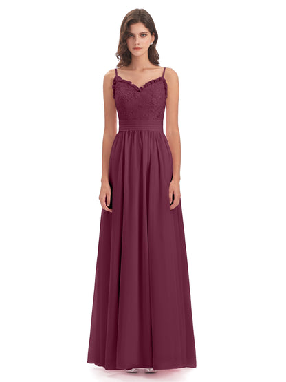 Madison A-line Spaghetti Straps Lace Long Bridesmaid Dresses