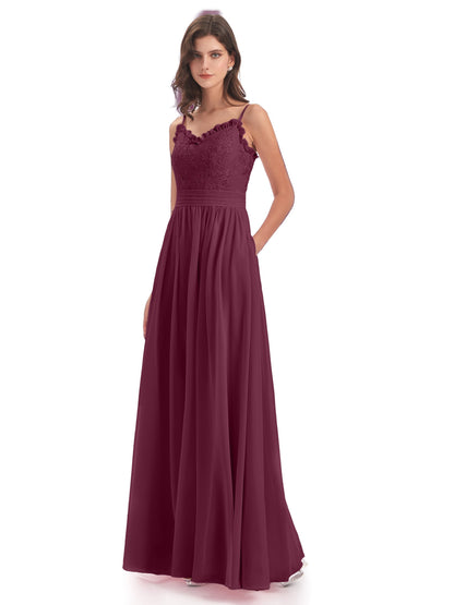 Madison A-line Spaghetti Straps Lace Long Bridesmaid Dresses