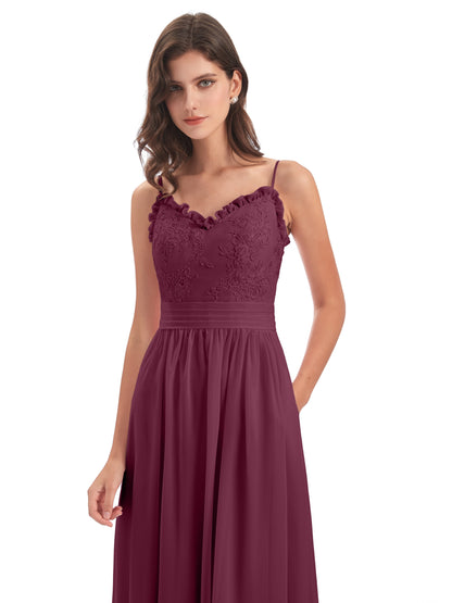 Madison A-line Spaghetti Straps Lace Long Bridesmaid Dresses