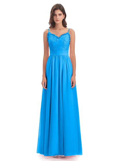 Madison A-line Spaghetti Straps Lace Long Bridesmaid Dresses