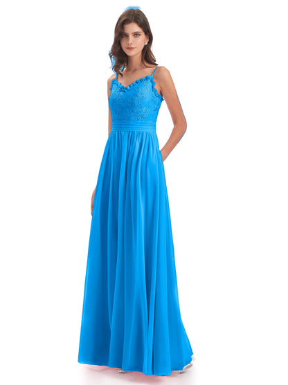 Madison A-line Spaghetti Straps Lace Long Bridesmaid Dresses