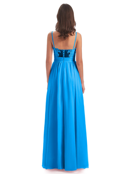 Madison A-line Spaghetti Straps Lace Long Bridesmaid Dresses