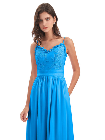 Madison A-line Spaghetti Straps Lace Long Bridesmaid Dresses