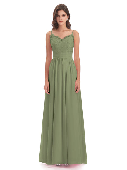 Madison A-line Spaghetti Straps Lace Long Bridesmaid Dresses