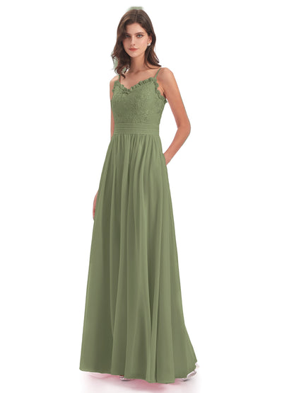 Madison A-line Spaghetti Straps Lace Long Bridesmaid Dresses