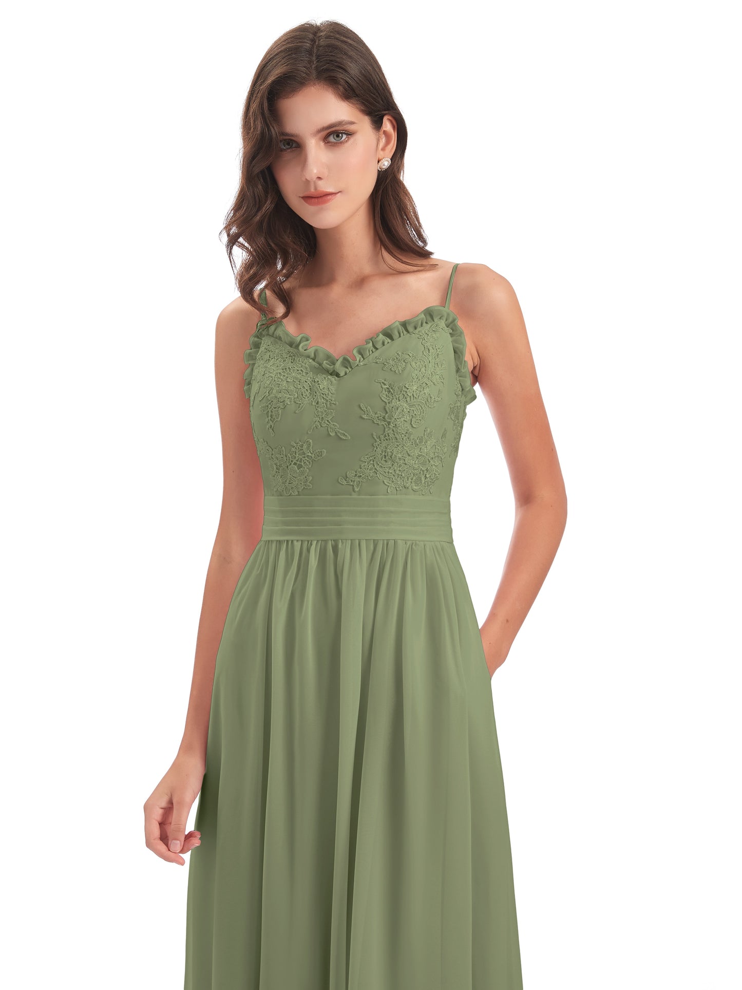 Madison A-line Spaghetti Straps Lace Long Bridesmaid Dresses