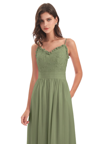 Madison A-line Spaghetti Straps Lace Long Bridesmaid Dresses